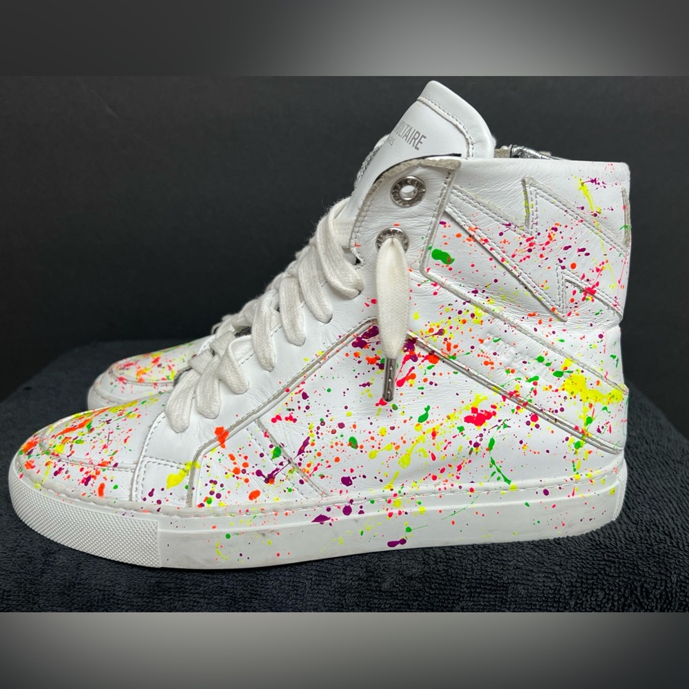 Zadig & Voltaire High Flash Keith Leather Hi White Graffiti Sneakers Women’s 38 - Picture 1 of 11